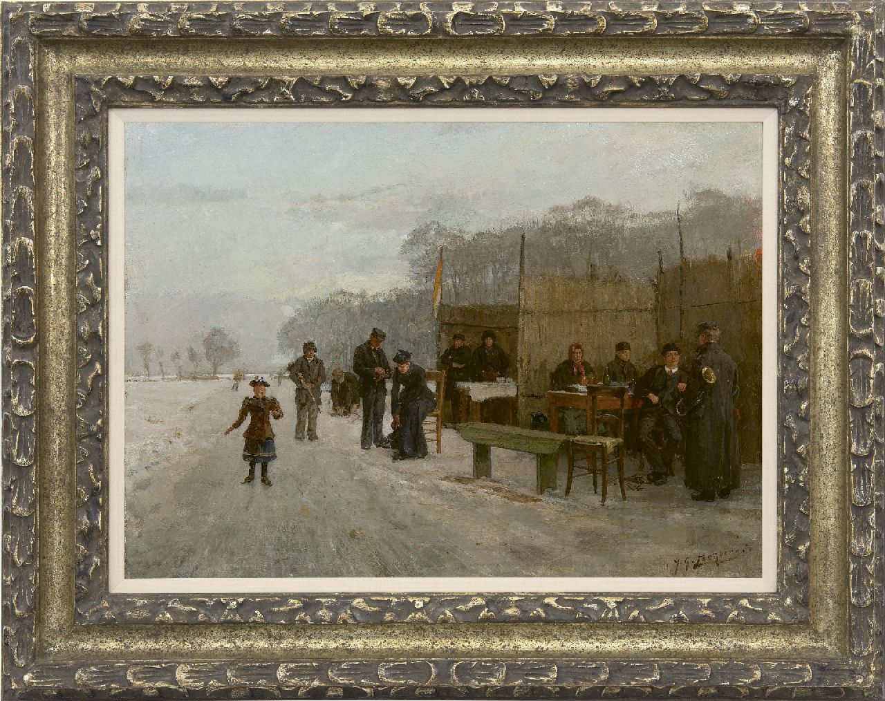 Heijberg J.G.  | Johannes Gerardus Heijberg | Paintings offered for sale | Gathering on the ice, oil on canvas 35.0 x 48.4 cm, signed l.r.