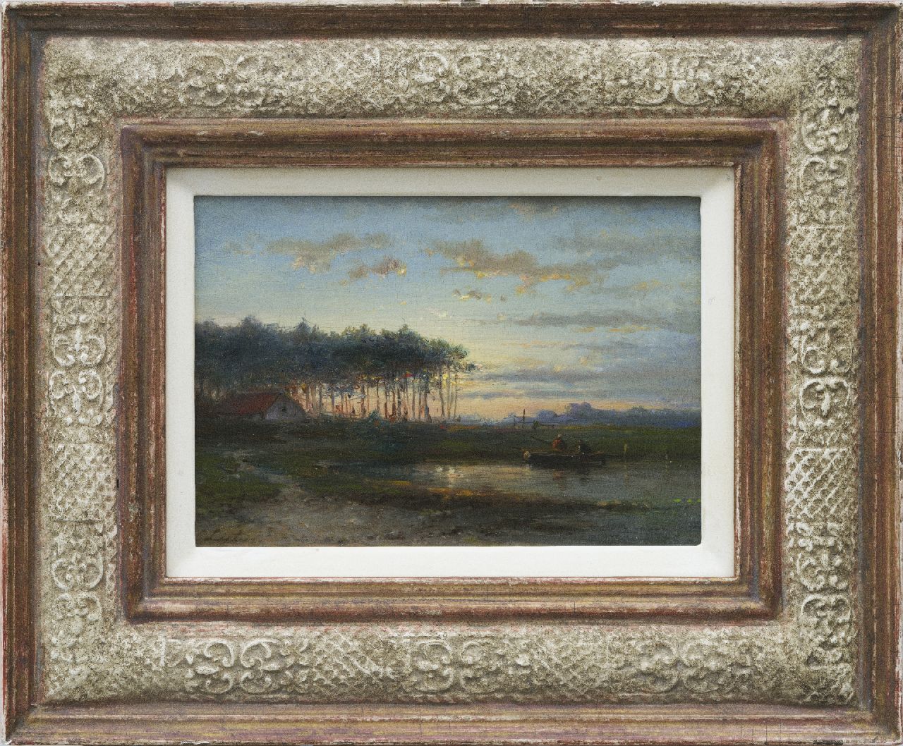 Lieste C.  | Cornelis Lieste, Evening landscape with fishermen in a boat, oil on panel 13.1 x 18.7 cm, signed l.l.