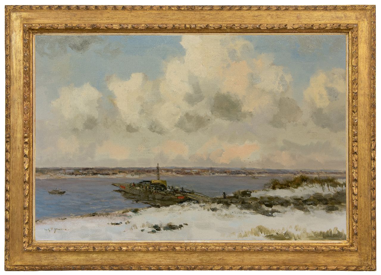 Jansen W.G.F.  | 'Willem' George Frederik Jansen | Paintings offered for sale | Ferry in winterlandscape, oil on canvas 60.5 x 90.5 cm, signed l.l.