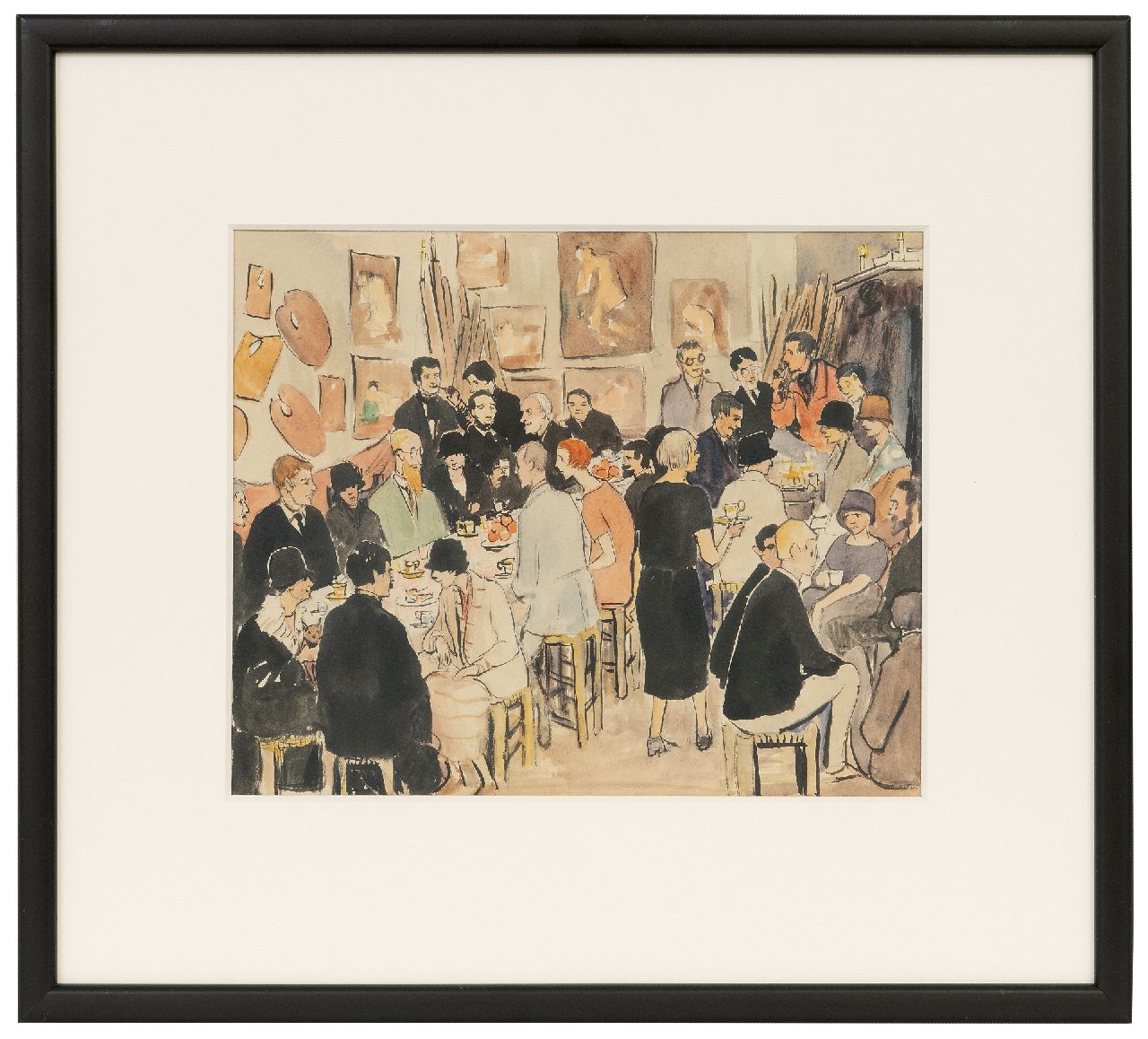 Leese G.  | Gertrude Leese | Watercolours and drawings offered for sale | Le Fauconnier, party at the Académie de la Palette, watercolour on paper 25.0 x 29.9 cm