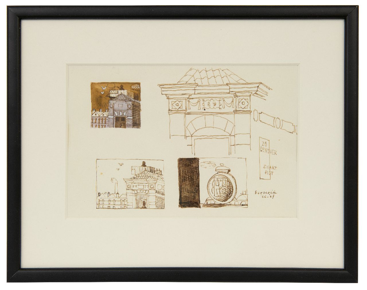 Berserik H.  | Hermanus 'Herman' Berserik | Watercolours and drawings offered for sale | Sketches of a town, pen and ink and watercolour on paper 15.8 x 23.7 cm, signed l.r. and dated '66-'67
