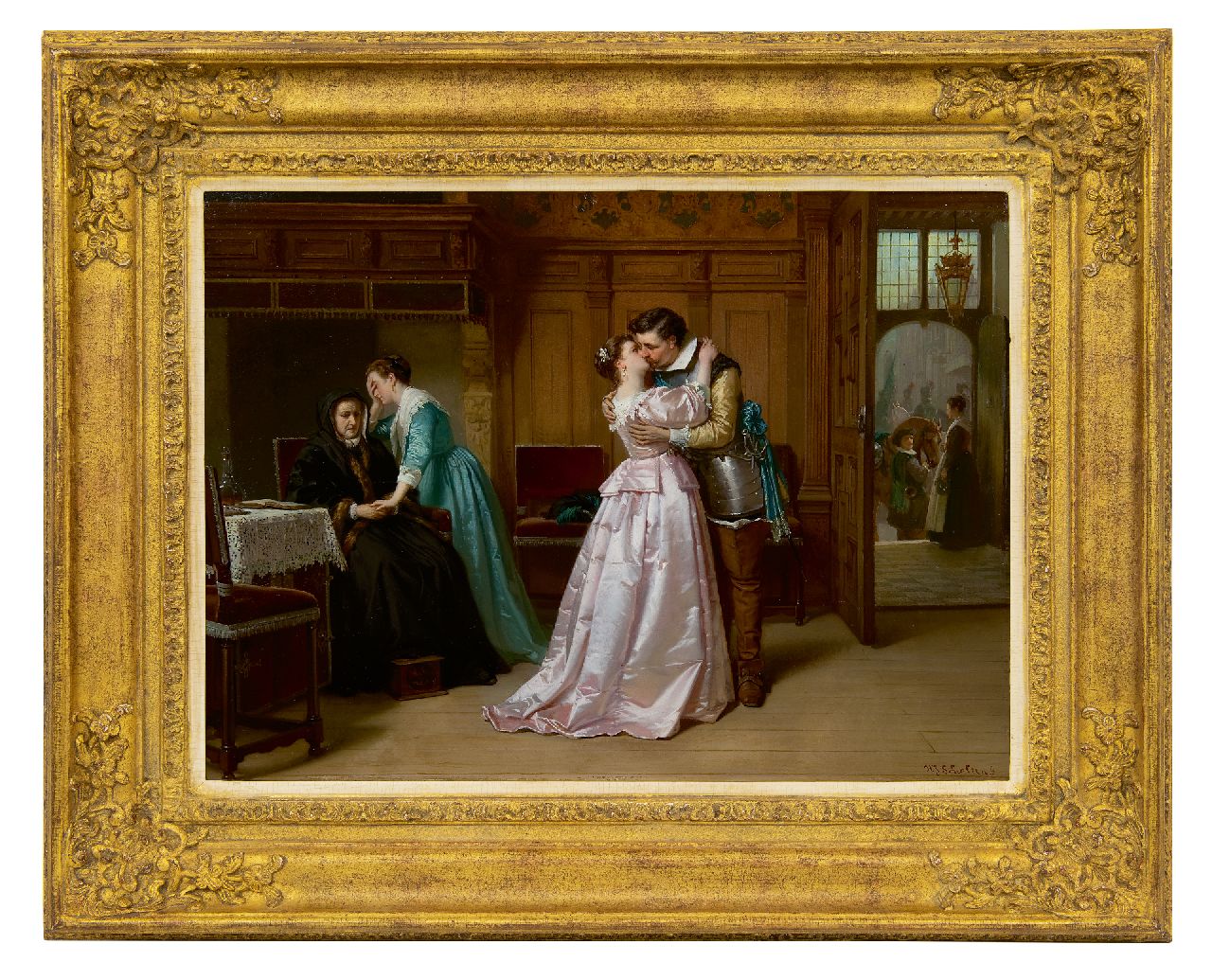 Scholten H.J.  | Hendrik Jacobus Scholten, The good-bye kiss, oil on panel 40.3 x 54.1 cm, signed l.r.