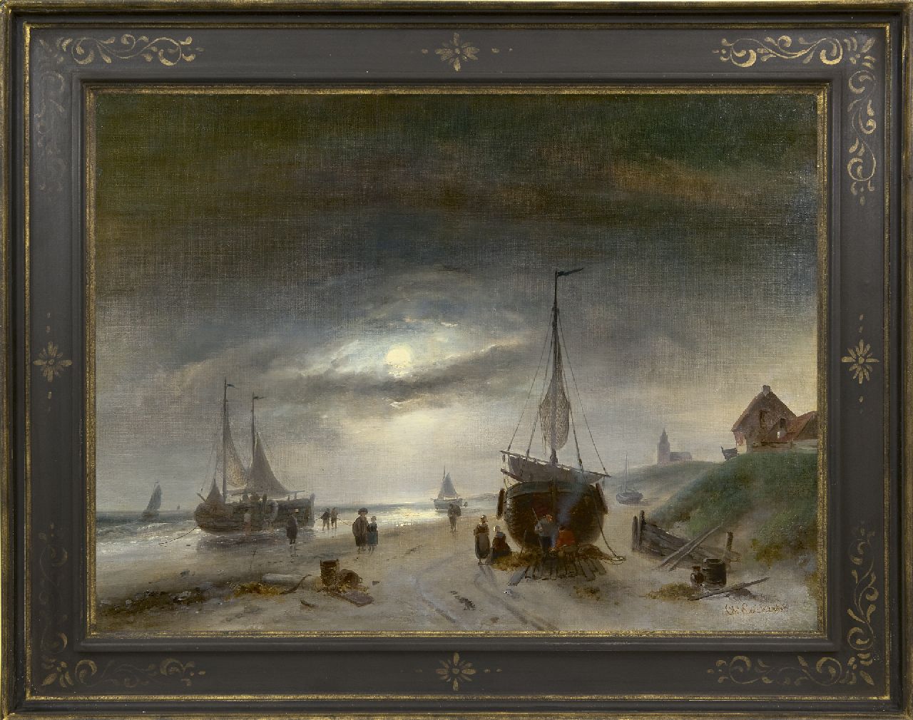 Leickert C.H.J.  | 'Charles' Henri Joseph Leickert | Paintings offered for sale | Barges on the beach of Scheveningen, by moonlight, oil on canvas 48.6 x 65.6 cm, signed l.r.