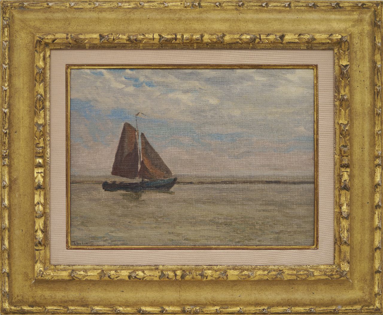 Tholen W.B.  | Willem Bastiaan Tholen | Paintings offered for sale | Fishing boat at sea,probably 'Krabbersgat', near Enkhuizen, oil on canvas laid down on panel 25.4 x 34.6 cm, signed l.l.