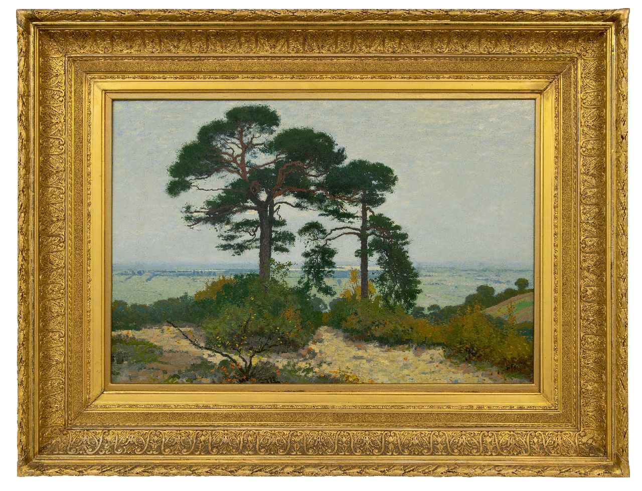 Wiggers D.  | Dirk 'Derk' Wiggers, A view of the Ooijpolder with pinetrees, oil on canvas 51.3 x 73.3 cm, signed l.l