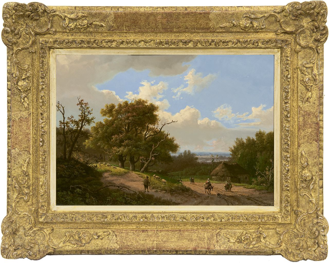 Koekkoek I M.A.  | Marinus Adrianus Koekkoek I, A wooded landscape with a shepherd and his flock, oil on panel 24.5 x 34.9 cm, signed l.r. and dated 1851