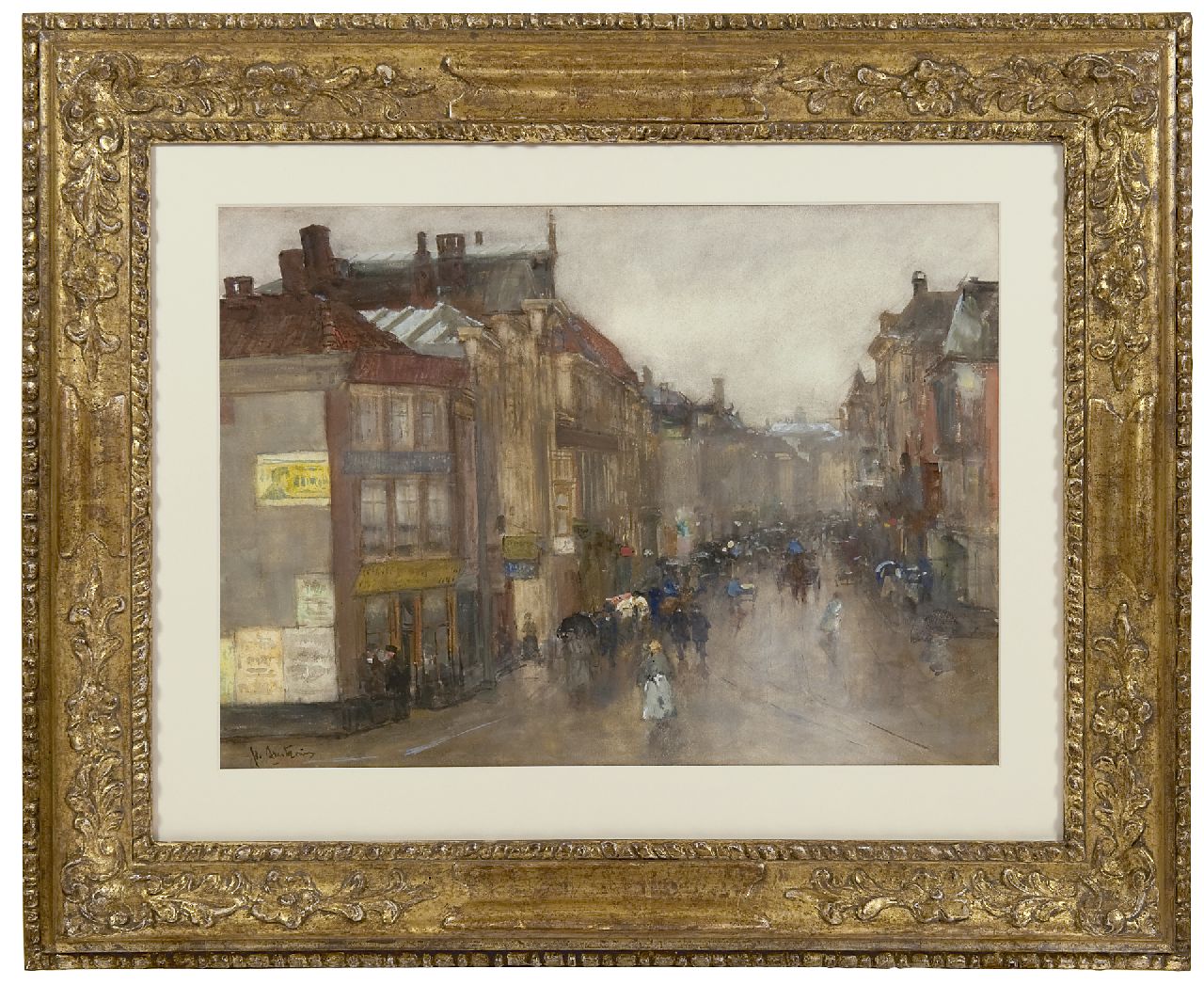 Arntzenius P.F.N.J.  | Pieter Florentius Nicolaas Jacobus 'Floris' Arntzenius, A view of the Wagenstraat, The Hague, watercolour on paper 36.3 x 49.7 cm, signed l.l.