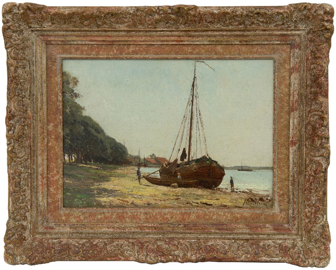 Doeleman J.H.  | Johan Hendrik Doeleman | Paintings offered for sale | A dutch sailing ship at low tide, oil on panel 19.6 x 28.0 cm, signed l.r.