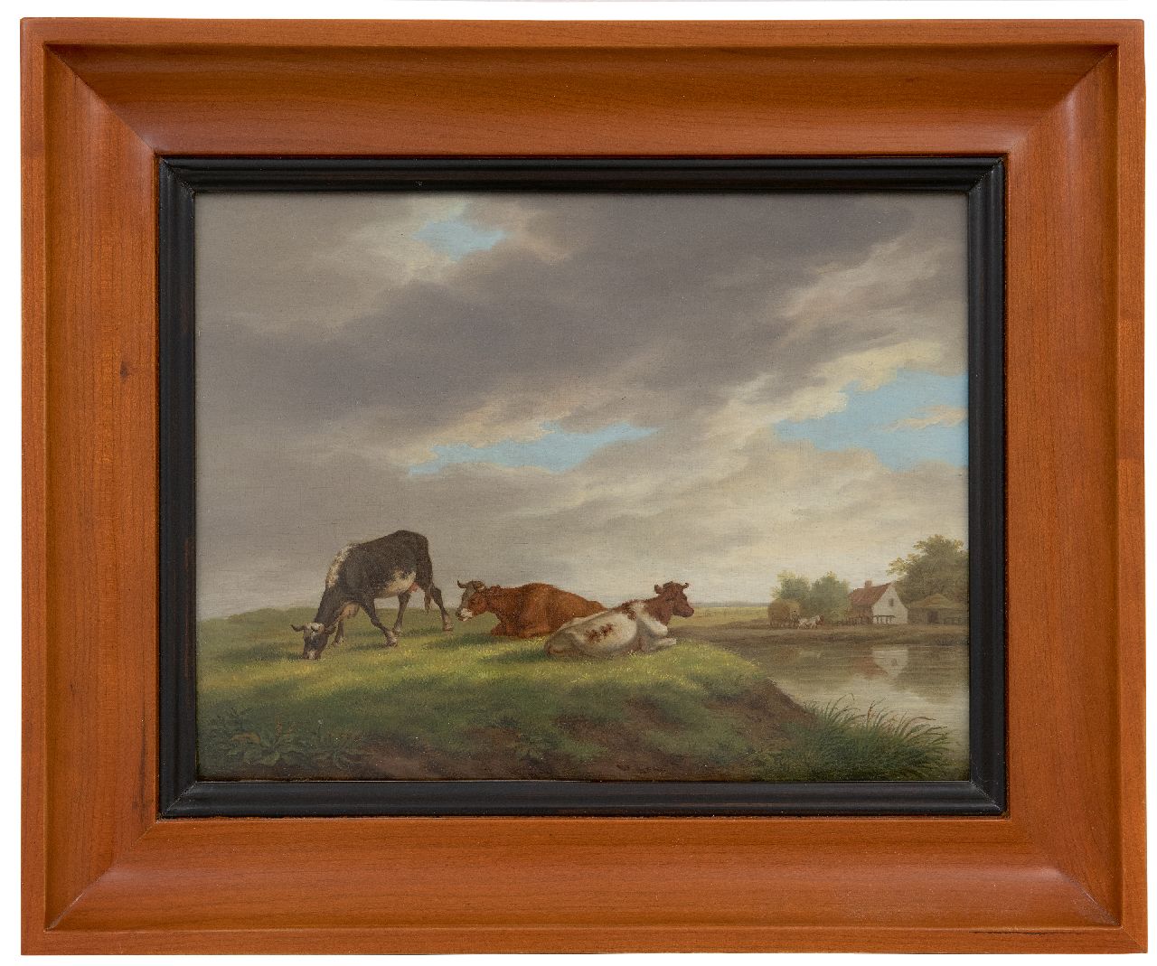 Burgh H.A. van der | Hendrik Adam van der Burgh | Paintings offered for sale | Cows in a landscape with a farm, oil on panel 20.4 x 26.3 cm, signed l.l. and painted 1821