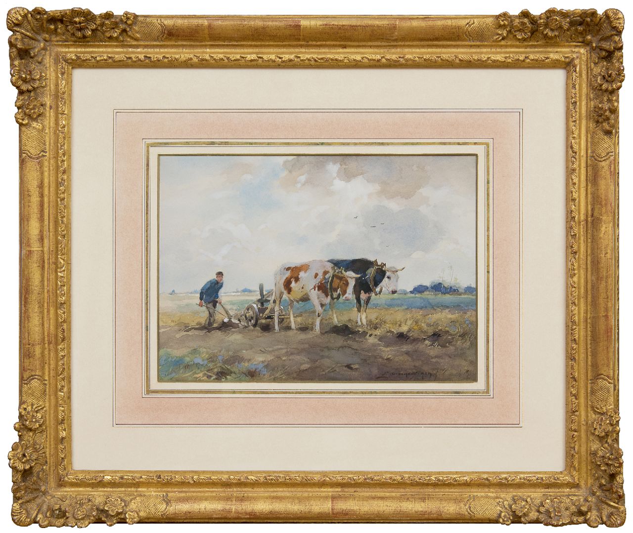 Groenewegen A.J.  | Adrianus Johannes Groenewegen | Watercolours and drawings offered for sale | Ploughing farmer with oxen, watercolour on paper 19.0 x 26.3 cm, signed l.r.