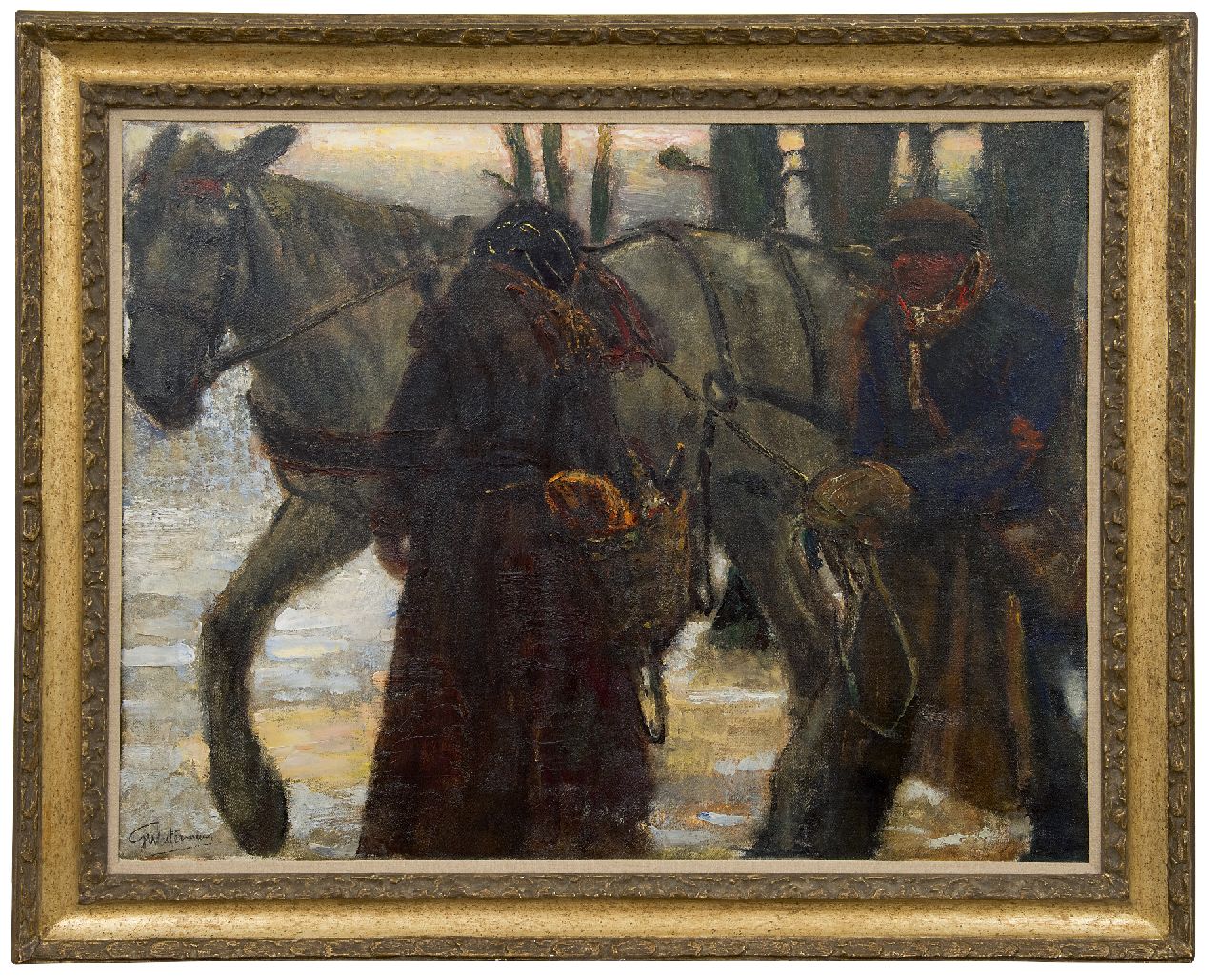 Westermann G.B.J.  | Gerhardus Bernardus Josephus 'Gerard' Westermann | Paintings offered for sale | Figures standing beside a draught horse, oil on canvas 77.0 x 100.0 cm, signed l.l.