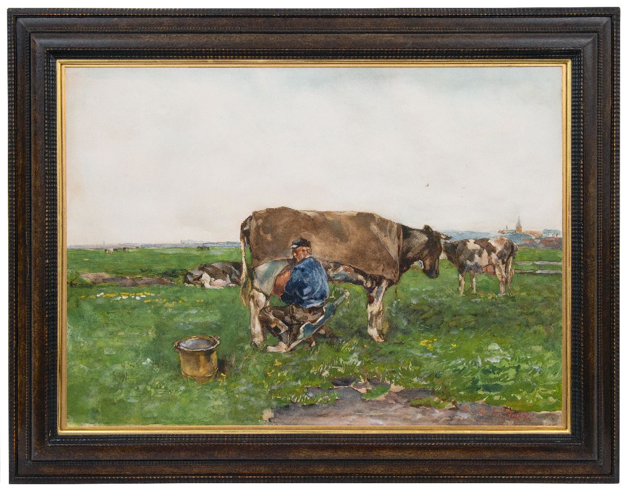 Zwart W.H.P.J. de | Wilhelmus Hendrikus Petrus Johannes 'Willem' de Zwart | Watercolours and drawings offered for sale | Milking time, watercolour and gouache on paper 52.0 x 72.0 cm, signed l.r.