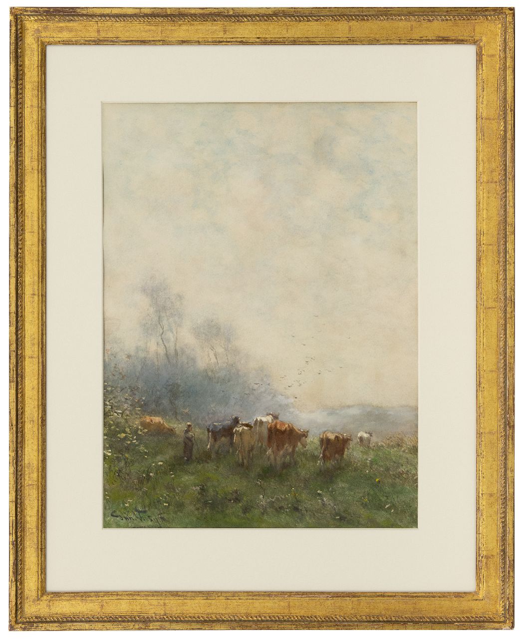 Vrolijk J.M.  | Johannes Martinus 'Jan' Vrolijk, Shepherdess with her flock in the early morning haze, watercolour on paper 53.5 x 39.4 cm, signed l.l.