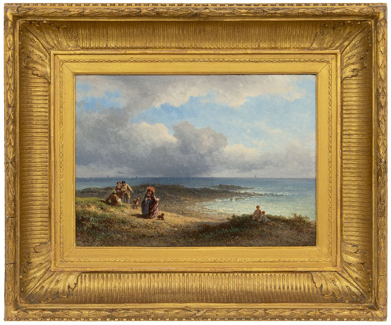 Hilverdink J.  | Johannes Hilverdink | Paintings offered for sale | Elegant figures at the French coast, oil on panel 23.6 x 34.2 cm, signed l.l. and dated 1873
