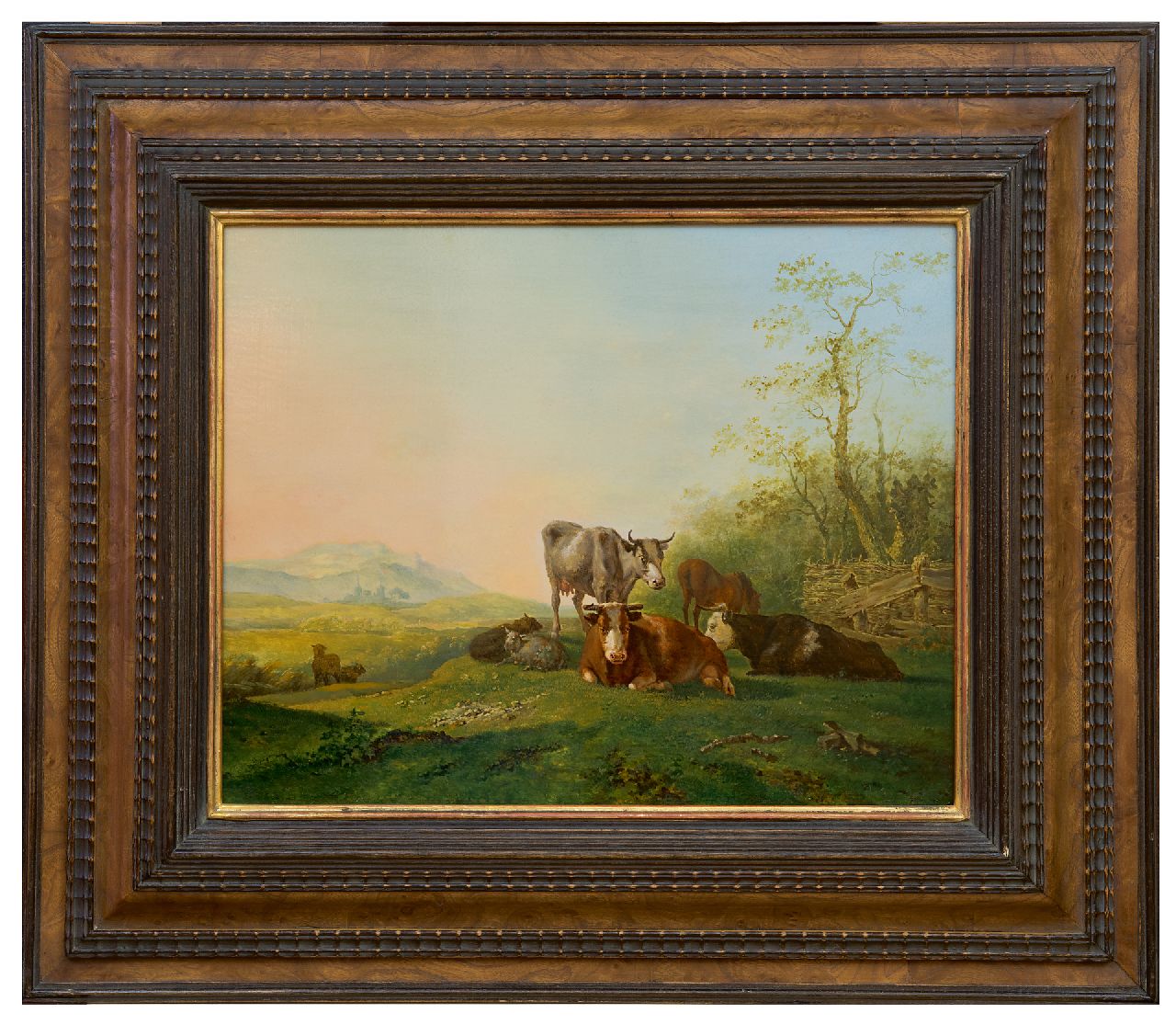 Straaten B. van | Bruno van Straaten | Paintings offered for sale | Cows and sheep near a fence, oil on panel 29.7 x 36.9 cm, signed l.r.