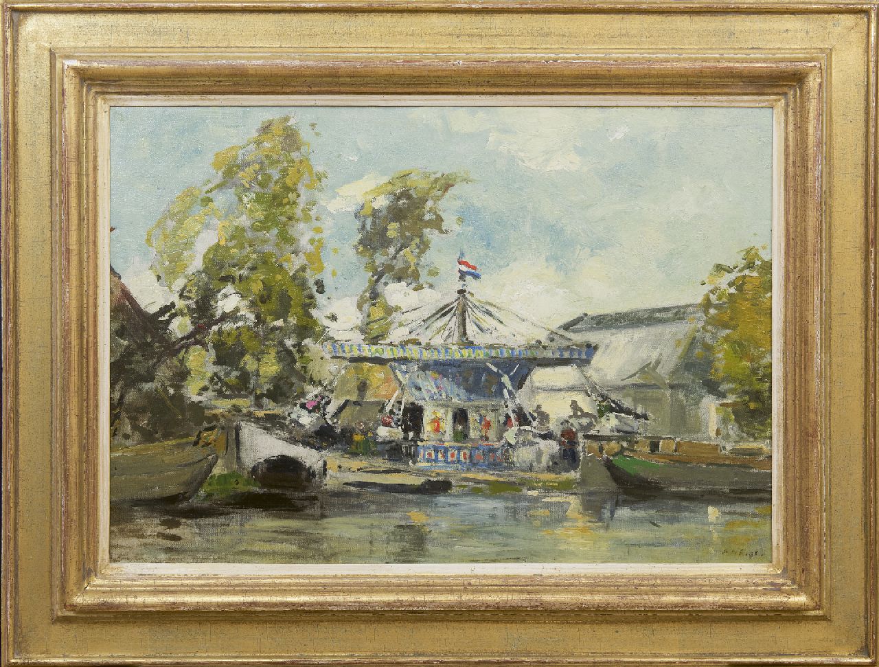 Regt P. de | Pieter 'Piet' de Regt, Merry-go-round near the water's edge, oil on canvas laid down on panel 39.8 x 56.7 cm, signed l.r. and reverse