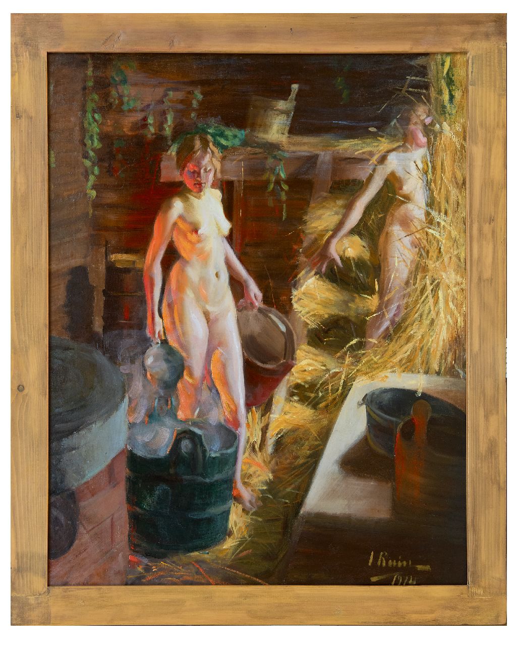 Ruin I.L.  | Ingrid Linnea Ruin | Paintings offered for sale | Two girls in a sauna, oil on canvas 92.3 x 76.3 cm, signed l.r. and dated 1914