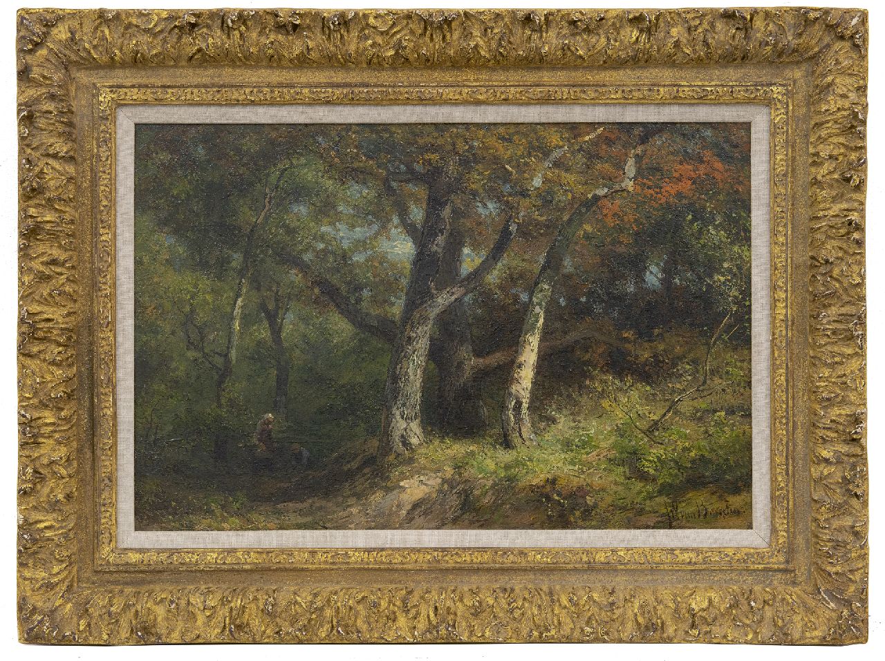 Borselen J.W. van | Jan Willem van Borselen, Wood gatherers on a forest track, oil on panel 27.8 x 42.0 cm, signed l.r.