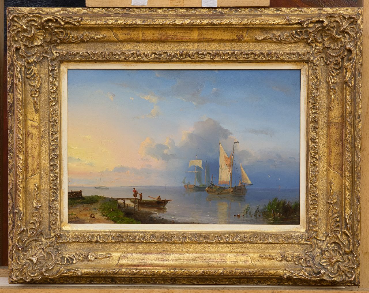 Dommershuijzen P.C.  | Pieter Cornelis Dommershuijzen | Paintings offered for sale | A river landscape with sailing vessels at sunrise, oil on panel 22.0 x 32.6 cm, signed l.l. with initials and dated '54