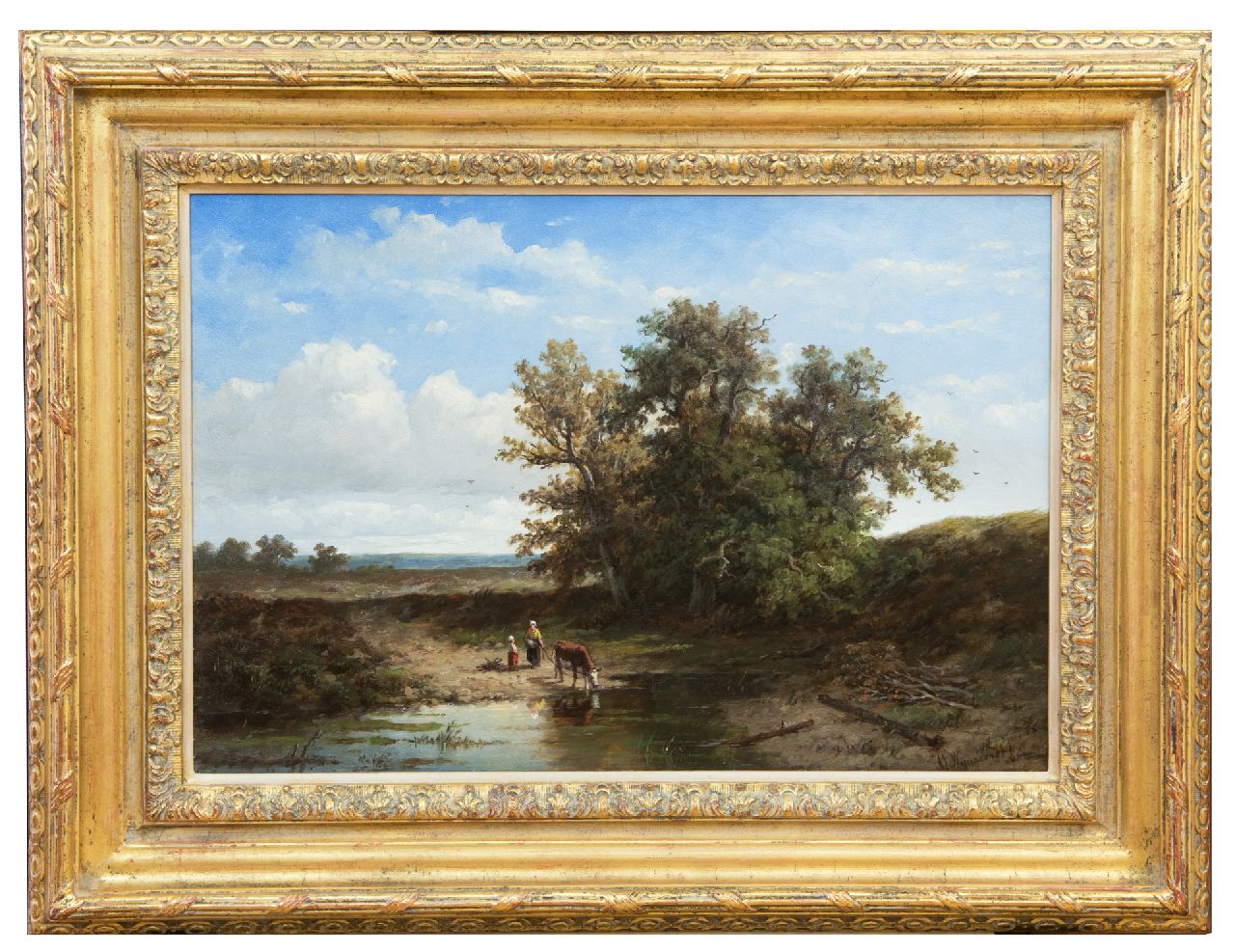 Wijngaerdt A.J. van | Anthonie Jacobus van Wijngaerdt, Country woman herding a cow, oil on canvas 37.2 x 54.4 cm, signed l.r.