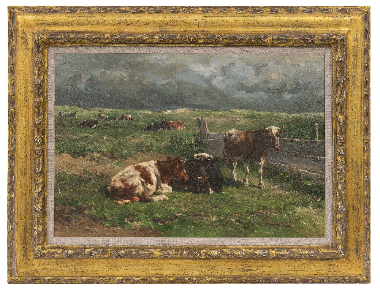 Haas J.H.L. de | Johannes Hubertus Leonardus de Haas | Paintings offered for sale | Resting cattle in a meadow, oil on panel 31.3 x 47.1 cm, signed l.r.