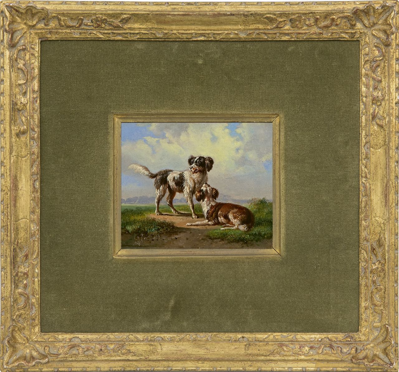 Verhoesen A.  | Albertus Verhoesen, Two hounds in a landscape, oil on panel 10.8 x 12.4 cm, signed l.l. and dated 1864