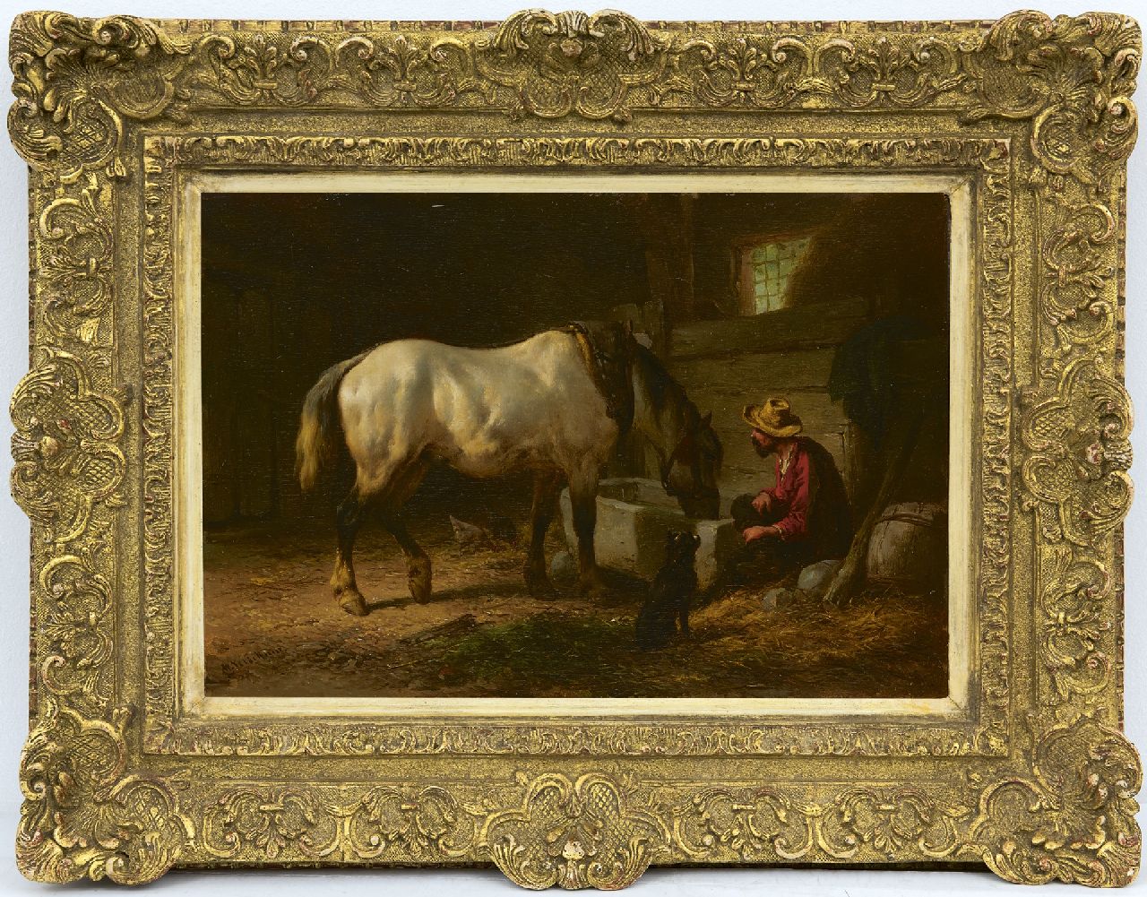 Verschuur W.  | Wouterus Verschuur, Drinking from the water-trough, oil on panel 23.0 x 33.5 cm, signed l.l.