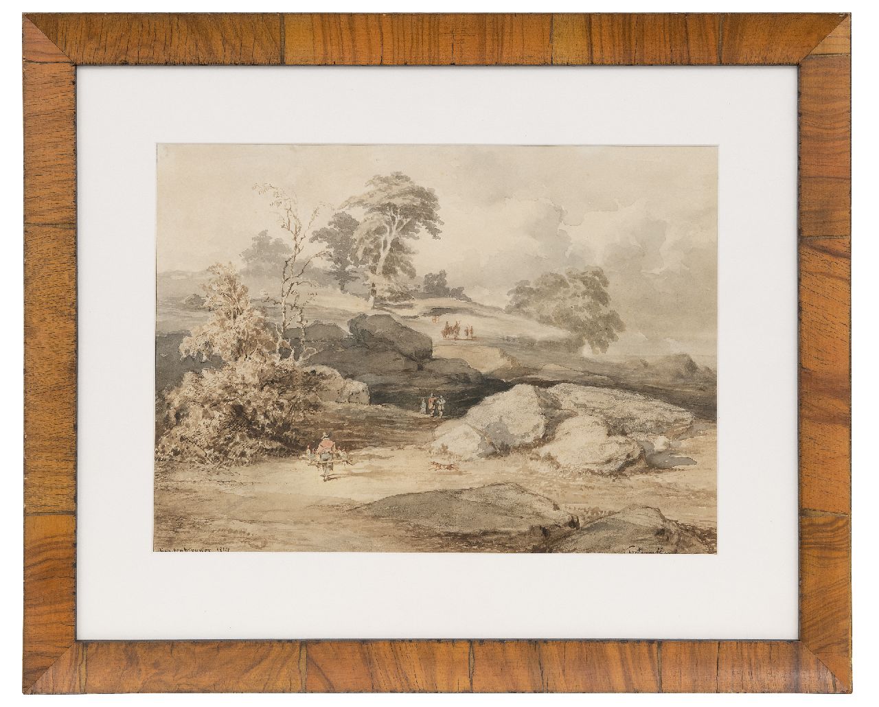 Kuytenbrouwer II M.A.  | Martinus Antonius Kuytenbrouwer II | Watercolours and drawings offered for sale | Falconry near Cuvier Chantillon in the forest of Fontainebleau, brown ink, black chalk and watercolour on paper 24.6 x 34.0 cm, signed l.l. and dated 1847