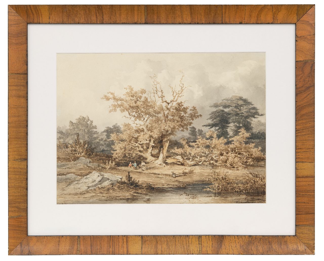 Kuytenbrouwer II M.A.  | Martinus Antonius Kuytenbrouwer II | Watercolours and drawings offered for sale | View of a pond in Fontainebleau forest, brown ink, black chalk and watercolour on paper 24.6 x 34.0 cm, signed l.r.