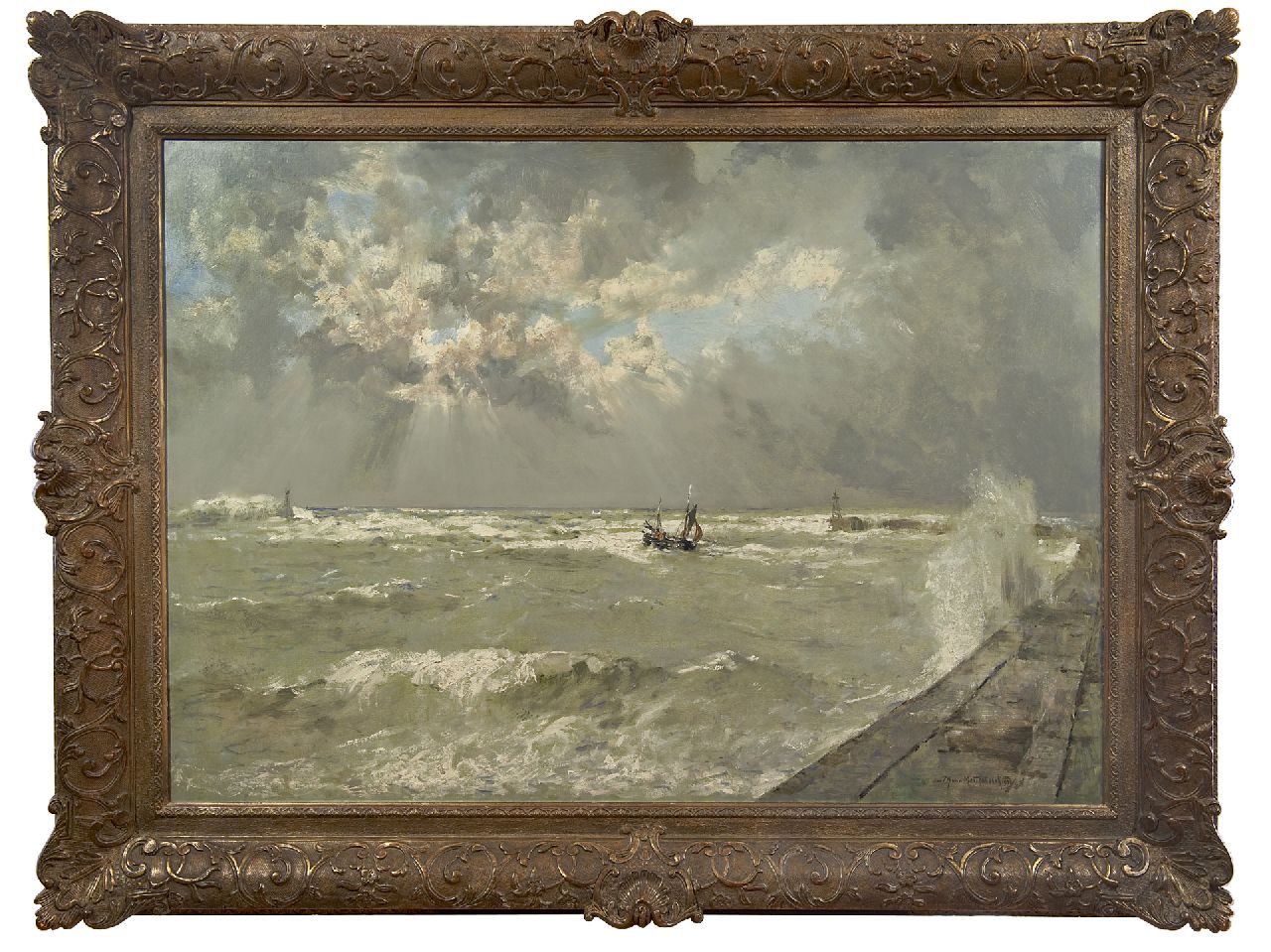 Mastenbroek J.H. van | Johan Hendrik van Mastenbroek, A lugger in choppy waters, Scheveningen harbour, oil on canvas 70.3 x 100.1 cm, signed l.r. and dated 1936