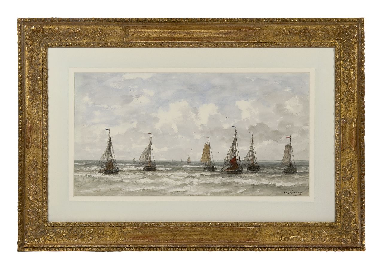 Mesdag H.W.  | Hendrik Willem Mesdag, Sailing vessels in the breakers, watercolour and gouache on paper 34.7 x 65.7 cm, signed l.r.