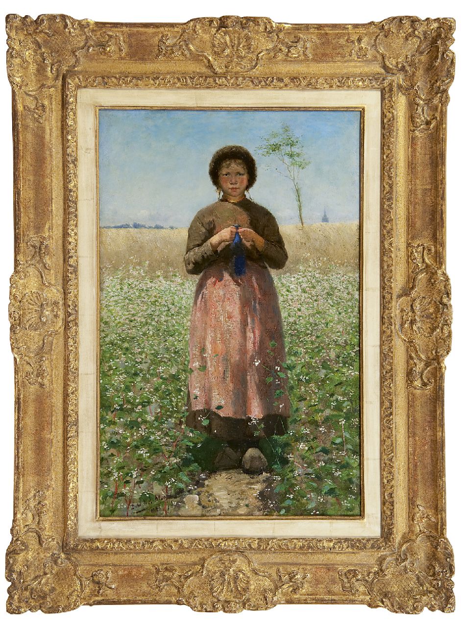 Mar D. de la | David de la Mar, A knitting peasant girl in a flowering buckwheat field, oil on canvas 54.2 x 35.0 cm, signed l.l. and dated 1886