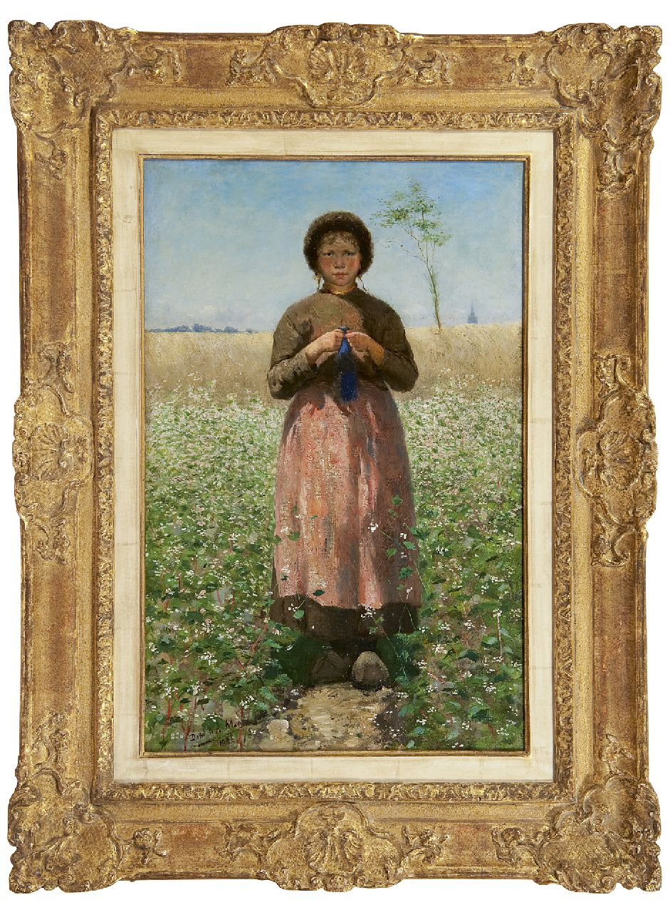 Mar D. de la | David de la Mar, A knitting peasant girl in a flowering buckwheat field, oil on canvas 54.2 x 35.0 cm, signed l.l. and dated 1886