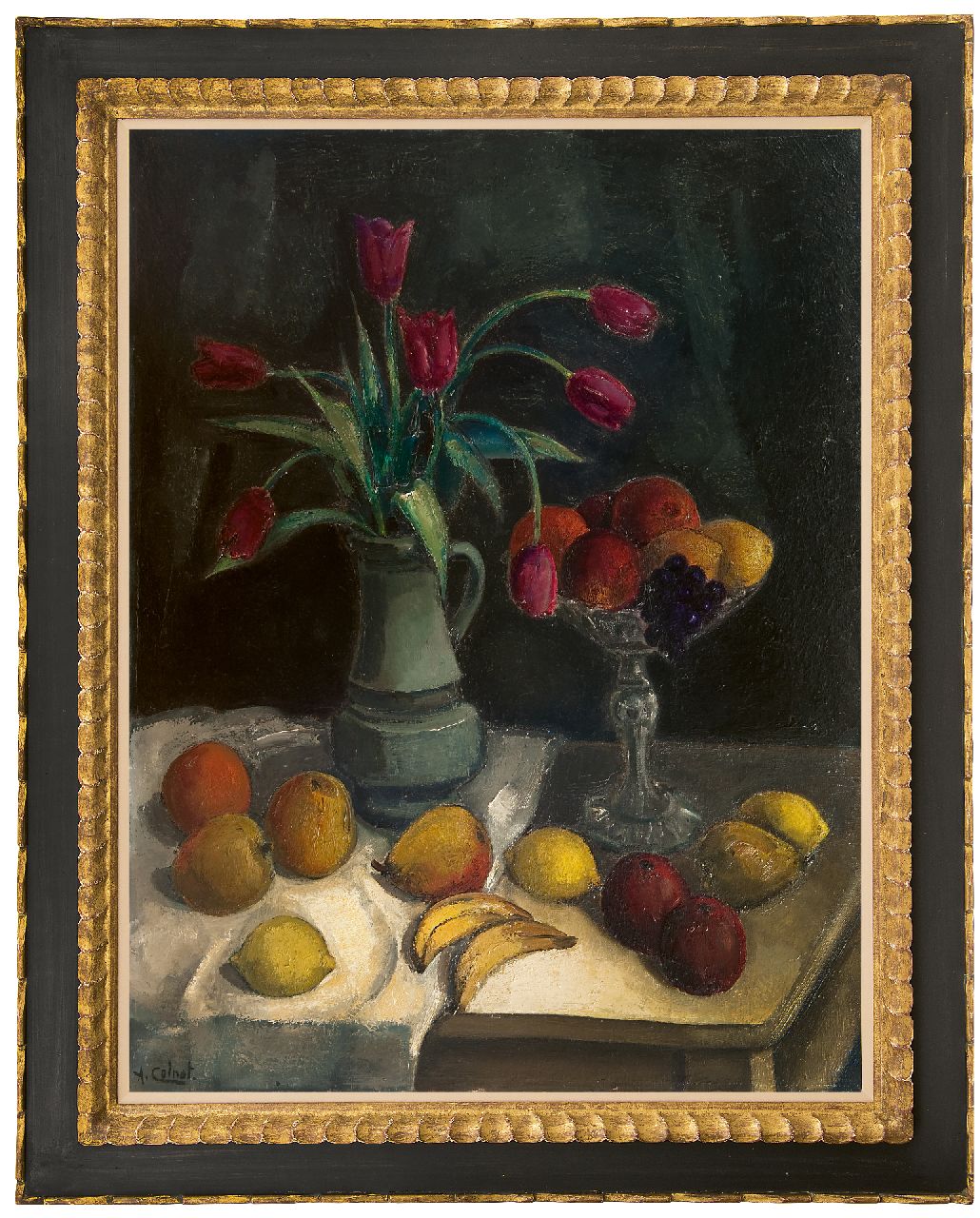 Colnot A.J.G.  | 'Arnout' Jacobus Gustaaf Colnot | Paintings offered for sale | A still life with fruit and tulips on a table, oil on canvas 92.2 x 70.4 cm, signed l.l.