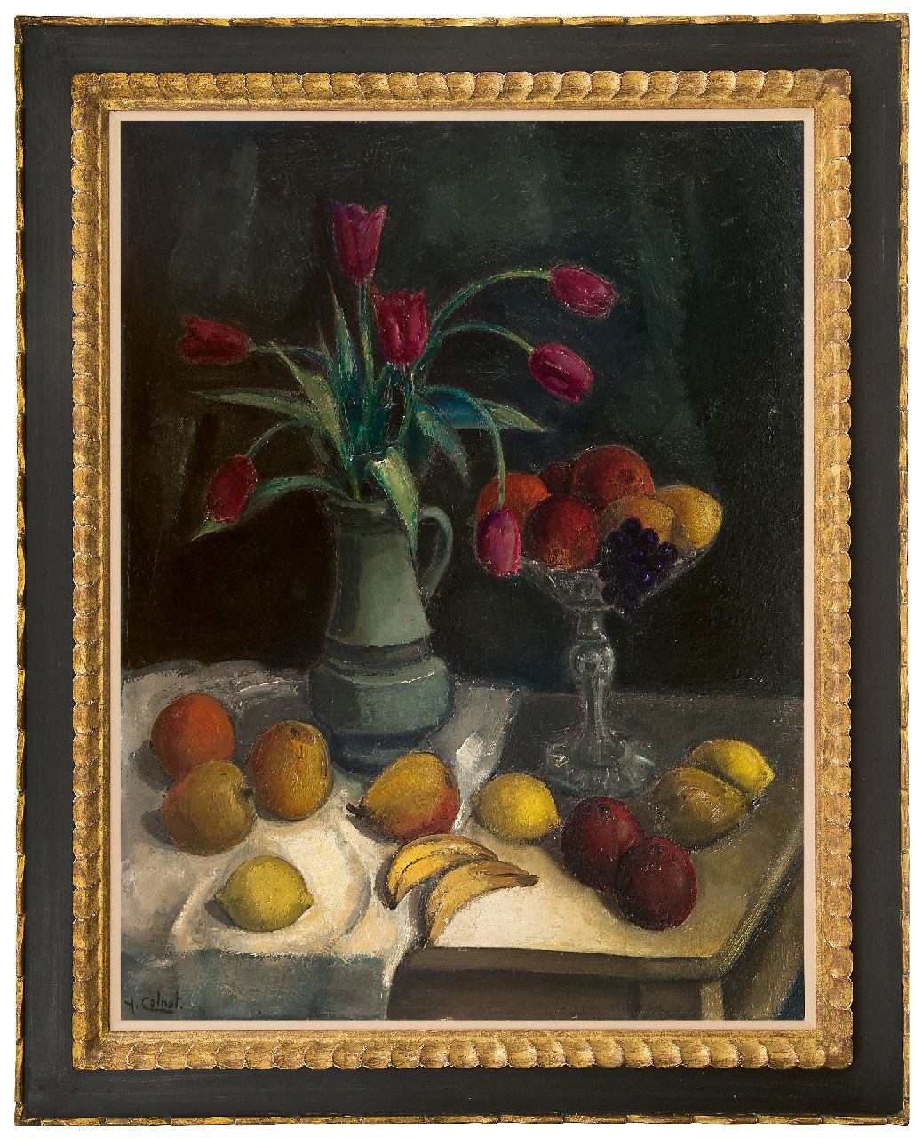 Colnot A.J.G.  | 'Arnout' Jacobus Gustaaf Colnot, A still life with fruit and tulips on a table, oil on canvas 92.2 x 70.4 cm, signed l.l.