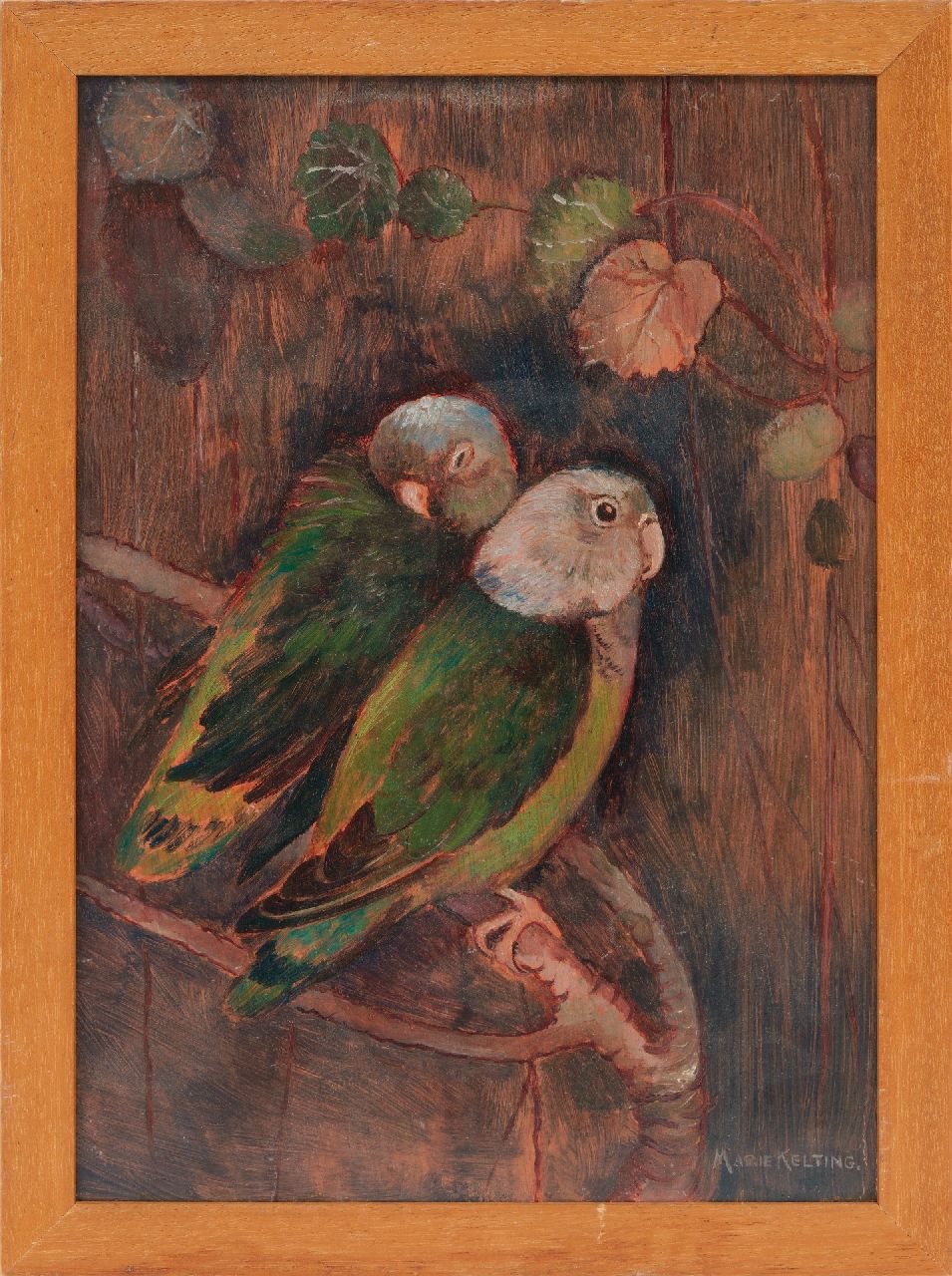 Kelting M.  | Maria 'Marie' Kelting, Two parkeets, oil on board 23.1 x 16.6 cm, signed l.r.