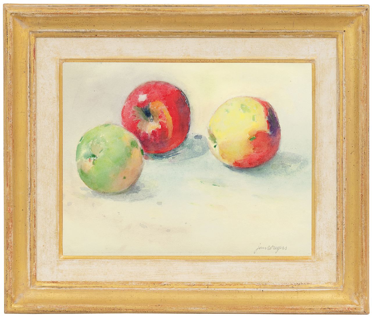 Wiegers J.  | Jan Wiegers, A still life with apples, watercolour on paper 21.8 x 27.5 cm, signed l.r.