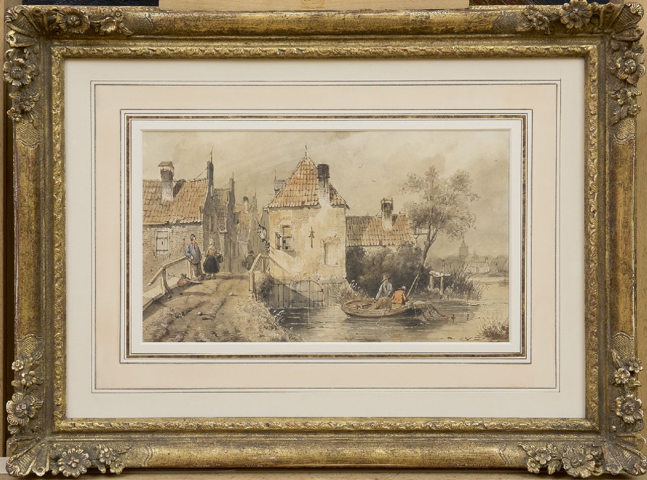 Leickert C.H.J.  | 'Charles' Henri Joseph Leickert, A Dutch town view with figures and fishermen, pen and ink and watercolour on paper 18.4 x 30.6 cm, signed l.l.