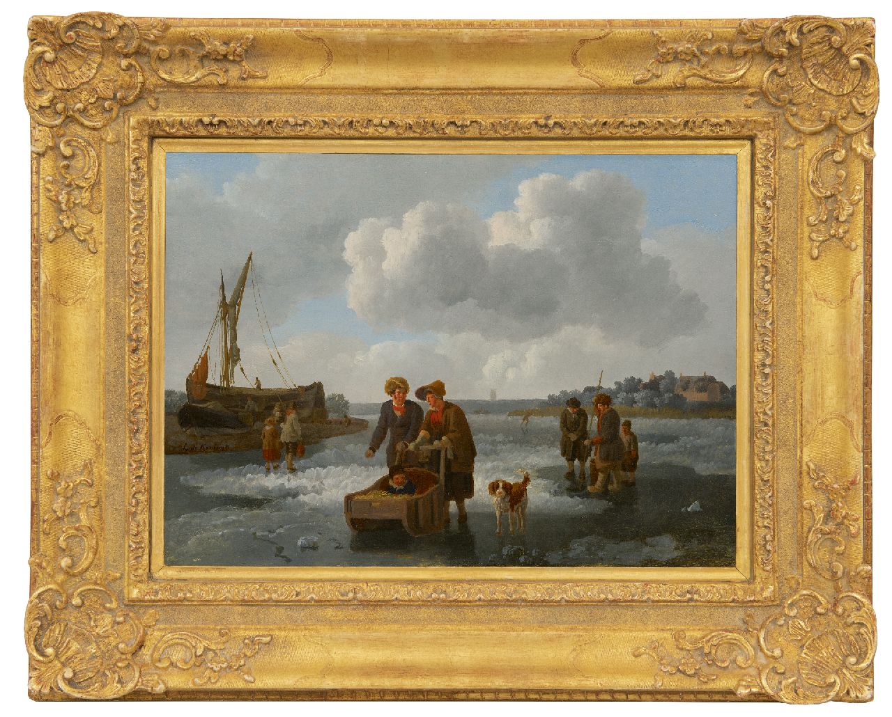 Koningh L. de | Leendert de Koningh, Fishermen and a sleigh on a frozen river, oil on panel 30.1 x 42.0 cm, signed l.c.
