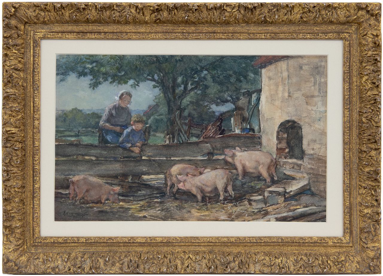 Akkeringa J.E.H.  | 'Johannes Evert' Hendrik Akkeringa | Watercolours and drawings offered for sale | Dries watching the pigs, watercolour on paper 27.7 x 45.0 cm, signed l.l.