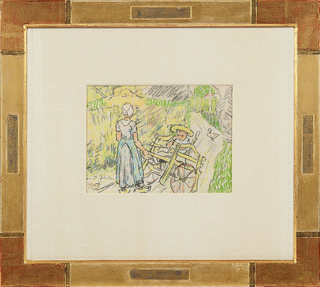 Toorop J.Th.  | Johannes Theodorus 'Jan' Toorop, Nurse with Fransje Elout and the domestic goose 'de Poele' in Domburg, coloured chalk on paper 11.0 x 15.1 cm, signed l.l. and dated 1907