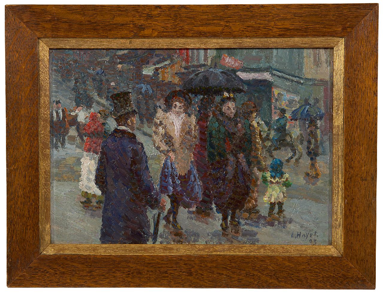Hayet L.  | Louis Hayet, Strolling in the rain, oil on painter's board 19.5 x 27.6 cm, signed l.r. and dated '93