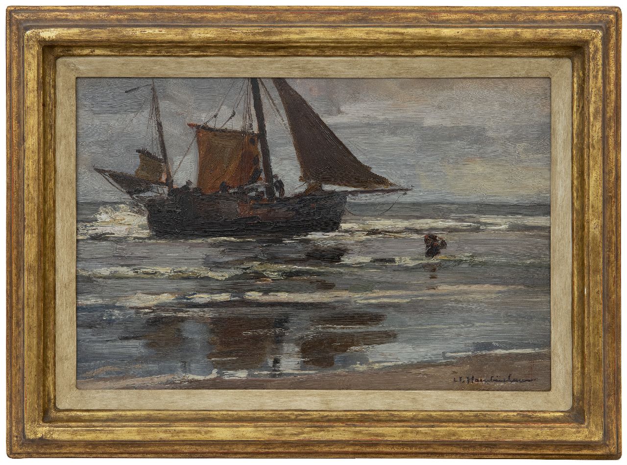 Hambüchen W.  | Wilhelm Hambüchen | Paintings offered for sale | Bringing in the catch, Katwijk, oil on panel 27.9 x 42.2 cm, signed l.r.