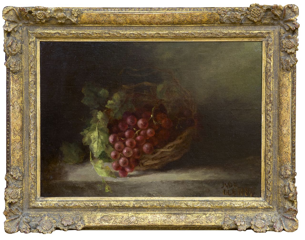 Kasteele J.M. van de | Johanna Margaretha van de Kasteele | Paintings offered for sale | Still life with grapes in a basket, oil on canvas laid down on panel 35.8 x 50.6 cm, signed l.r. with initials and dated oct. 1884