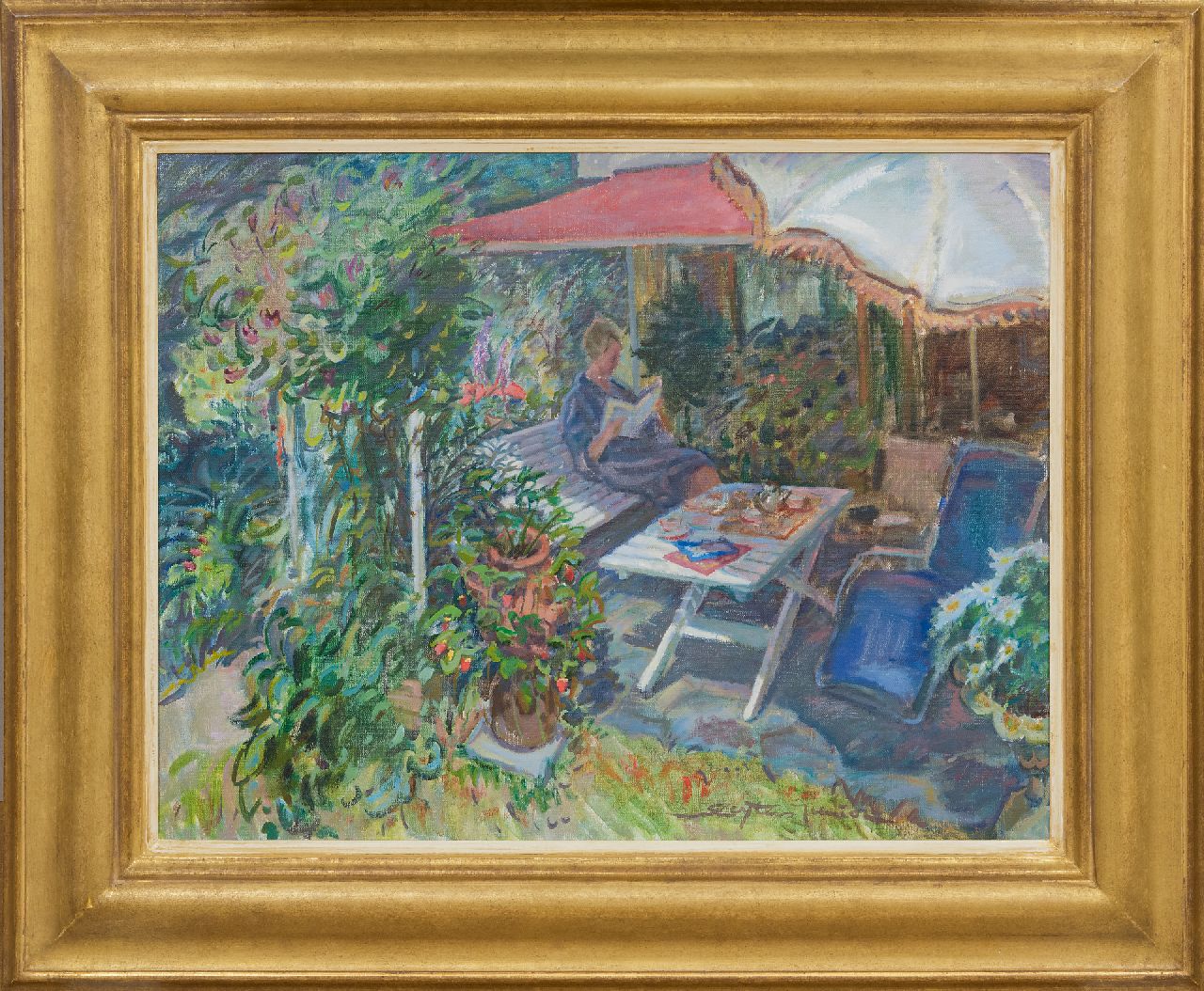Sluijters jr. J.  | Jan Sluijters jr. | Paintings offered for sale | A suny terrace with the artist's wife, oil on canvas 50.3 x 65.3 cm, signed r.c.