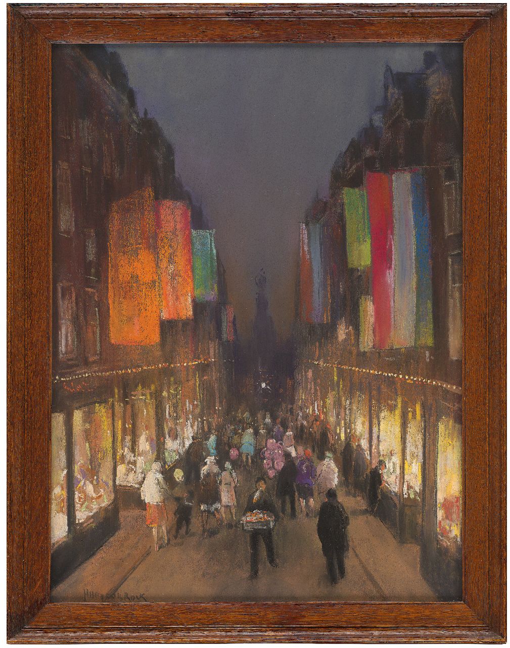 Heijenbrock J.C.H.  | Johan Coenraad Hermann 'Herman' Heijenbrock | Watercolours and drawings offered for sale | The Kalverstraat with flags, by night, pastel on paper 61.0 x 39.3 cm, signed l.l.