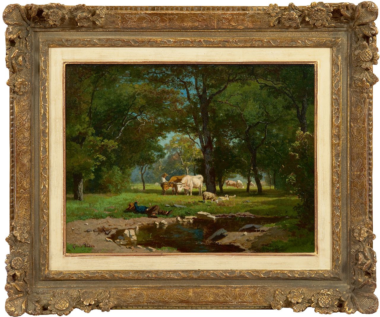Bilders A.G.  | Albertus Gerardus 'Gerard' Bilders, Cowherds and cattle in a forest, oil on canvas 31.0 x 41.2 cm, signed l.l. and painted early 1860's