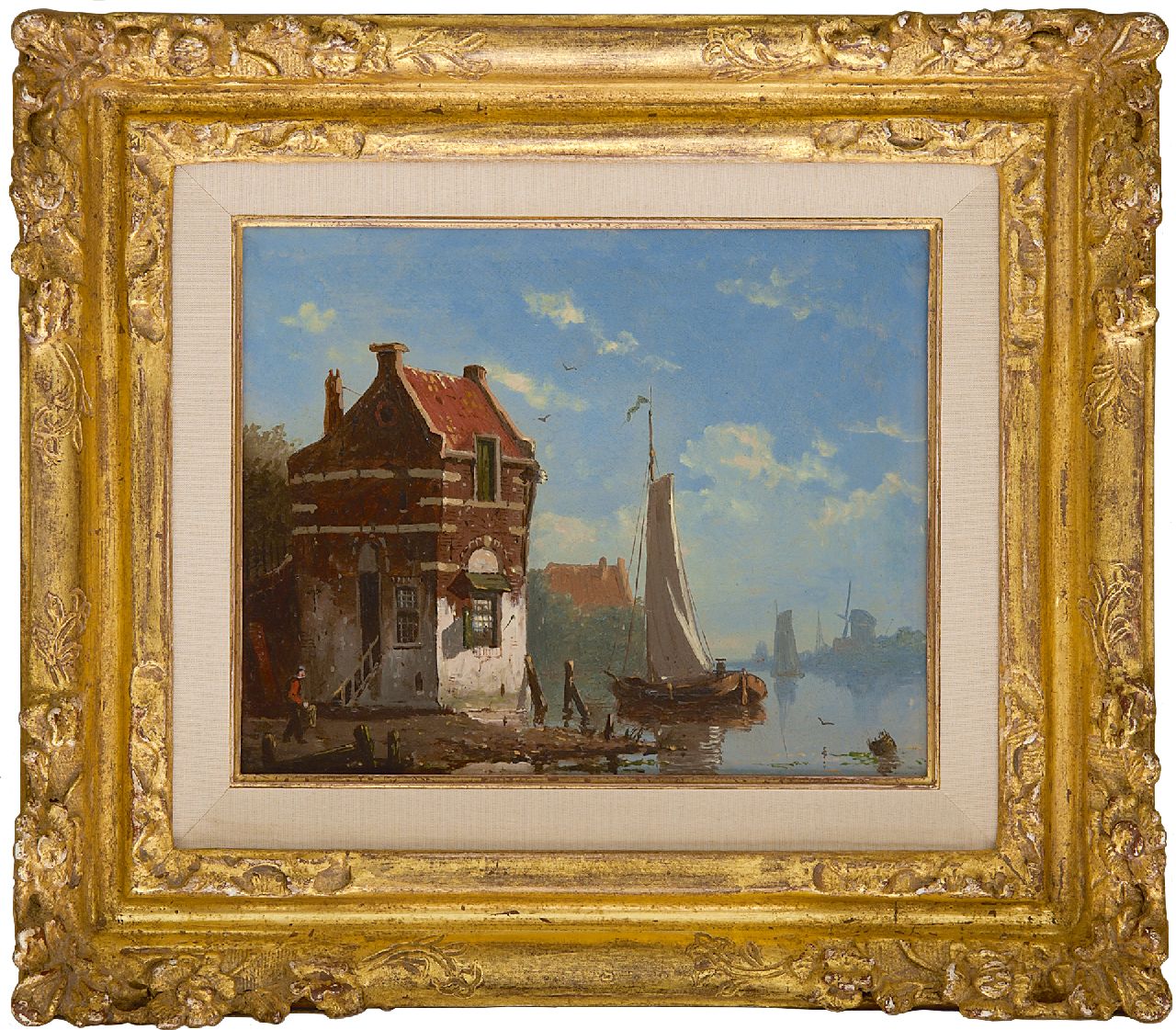 Roosdorp F.  | Frederik Roosdorp, Shipping in a calm river near a village, oil on panel 14.2 x 17.6 cm, signed l.l. with initial