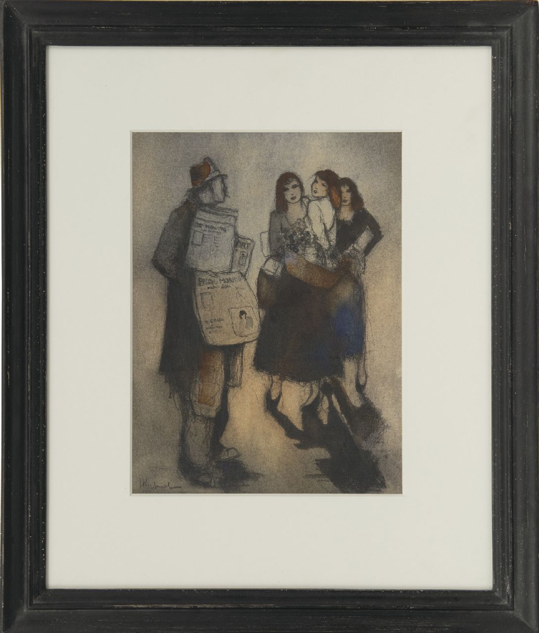 Rijlaarsdam J.  | Jan Rijlaarsdam, A newspaper seller and flower girls, Paris, black chalk and watercolour on paper 26.4 x 19.9 cm, signed l.l.