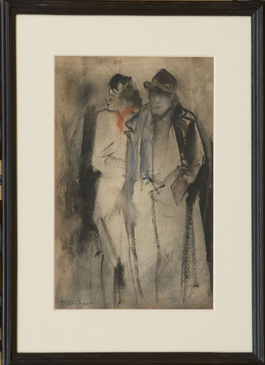 Rijlaarsdam J.  | Jan Rijlaarsdam, Man and lady at nightfall, chalk and watercolour on paper 38.6 x 27.2 cm, signed l.l.